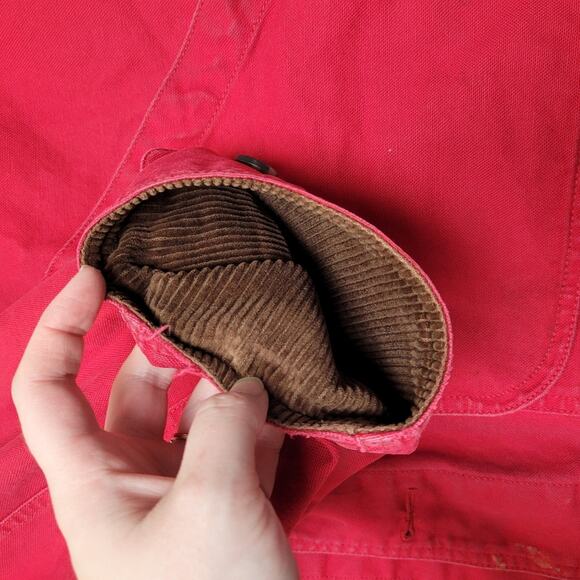 Vintage Lands End red canvas chore field barn coat plaid lined tall - Picture 7 of 11